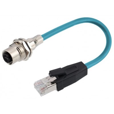 M12 D-kodlu 4pin Dişi Panel Tipi - RJ45 CAT6A Patch Cord IP67 PUR